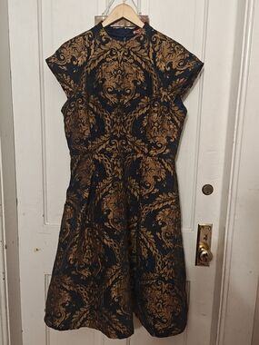 Chi Chi London Navy and Gold Brocade Midi Fit-and-Flare Dress